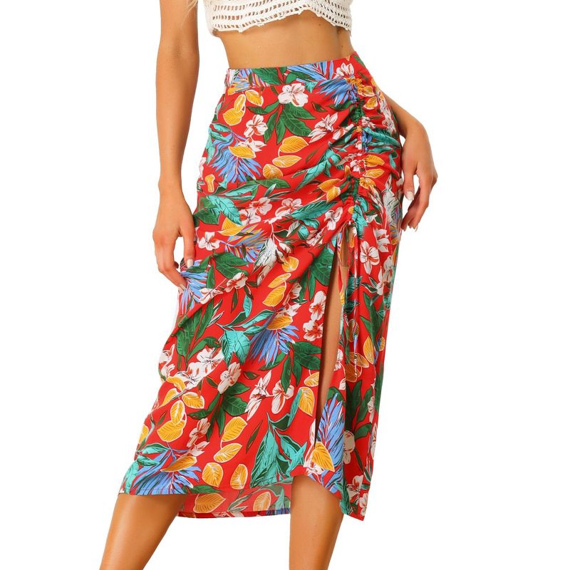 Allegra K Women's Summer Beach Ruched Front Tropical Skirt with Slit, 1 of 6