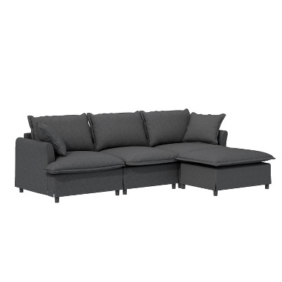 Chenille Sectional Sofa with Ottoman, L-Shaped Cloud Couch Set, Modular Upholstered Furniture, Gray