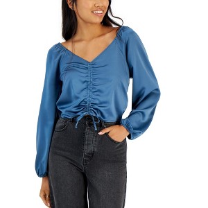 Hippie Rose Womens Ruched Front Tunic Blouse, Blue, Medium - 1 of 1