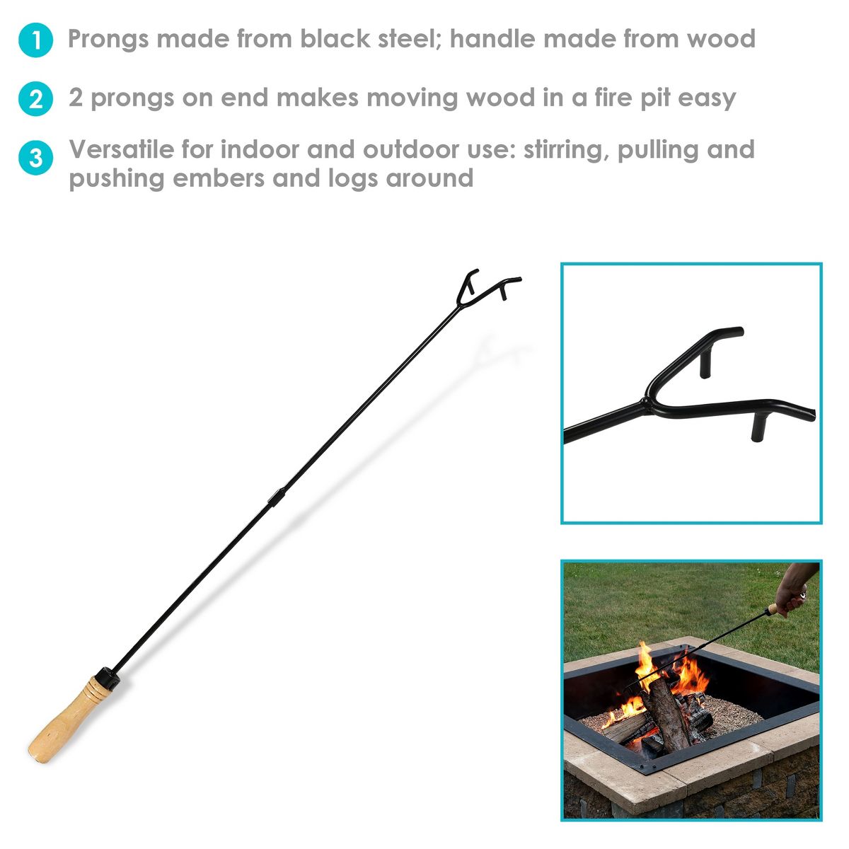 Sunnydaze Outdoor Steel Log Poker with Wooden Handle - 32" - thumbnail 3