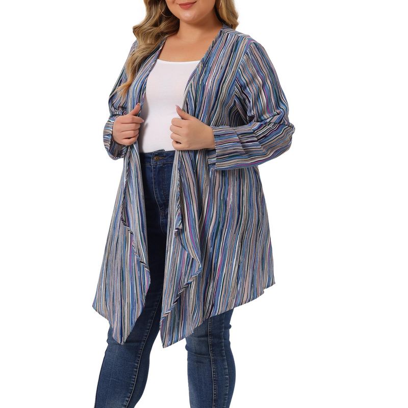Agnes Orinda Women's Plus Size Boho Striped Draped Contrast Color Flowy Cover Up Cardigans, 2 of 6