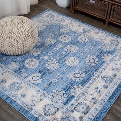 Elegant Square 8' Blue and Ivory Synthetic Easy-Care Runner Rug
