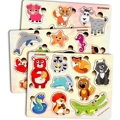 QUOKKA Animals Wooden Puzzles for Toddlers 3x SET - Animal Peg Puzzles for Kids 2-4 Years Old - Baby Toy