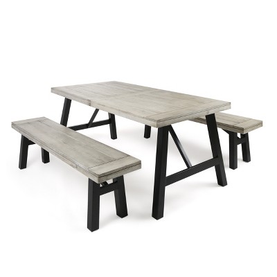 GDFStudio Valverde Outdoor Acacia Wood 3 Piece Picnic Set, Light Gray Wash