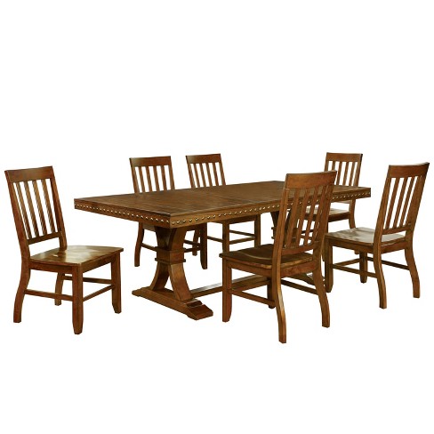 7pc Crayton Nailhead Trimmed Double Pedestal Extendable Dining Table Set Dark Oak Homes Inside Out Target