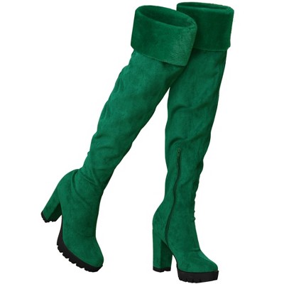 BLISSFUL STEP Women's Chunky Heel Platform Faux Fur Zipper Over Knee High Boots