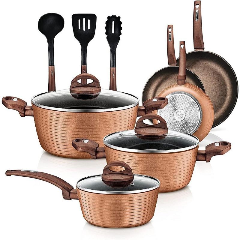 NutriChef 12 Piece Kitchenware Pots & Pans Set - Heat resistant Lacquer (Brown), 1 of 2