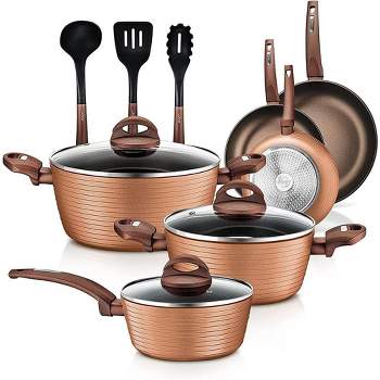NutriChef 12 Piece Kitchenware Pots & Pans Set - Heat resistant Lacquer (Brown)