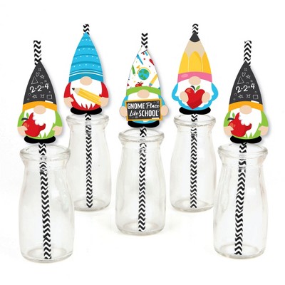 Big Dot of Happiness School Gnomes - Paper Straw Decor - Teacher and Classroom Decorations Striped Decorative Straws - Set of 24