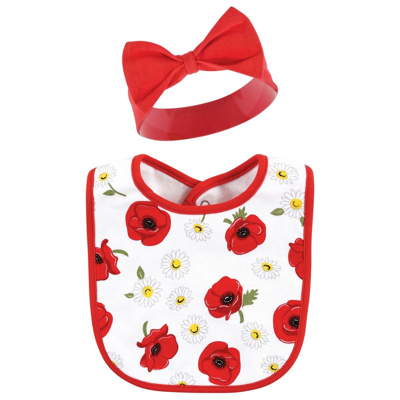 Hudson Baby Infant Girl Cotton Bib and Headband or Caps Set, Poppy Daisy, One Size, 5 of 7