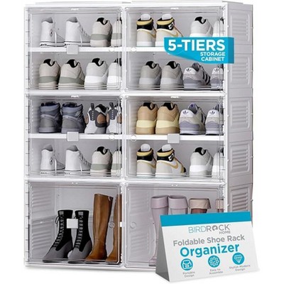 BIRDROCK HOME 5-Tier Shoe Rack Organizer | Foldable Freestanding Storage Cabinet, 8 Clear Small Cubes & 2 Large Door Cubes for Boots, Heels, Sneakers