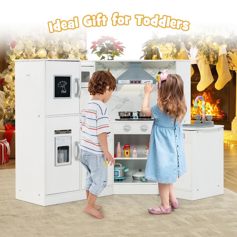 Costway Kids Corner Kitchen Playset Wooden Pretend Play Toy with Microwave White\Coffee, 4 of 11