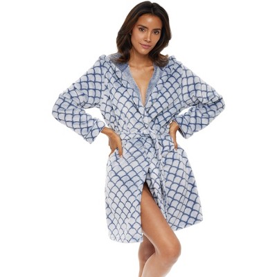ADR Women's Warm Soft Plush Fleece Bathrobe with Hood, Knee Length Hooded Robe Short Woman