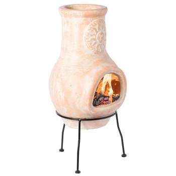 Vintiquewise Beige Outdoor Clay Chimney Outdoor Fireplace Sun Design Charcoal Burning Fire Pit with Sturdy Metal Stand, Barbecue,  Family Gathering