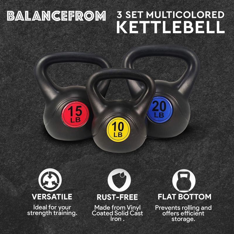 BalanceFrom Vinyl Ergonomic Wide Grip Kettlebell Exercise Workout Fitness Weights for Balance and Strength Training, Set of 3, 10, 15, and 20 Pounds, 2 of 7