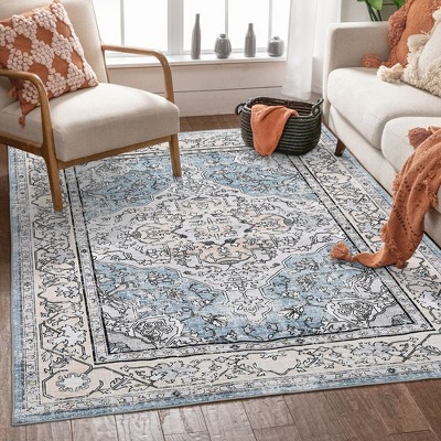 Area Rug, Vintage Printed Distressed Accent Rug, Low Pile Anti-Slip Front Door Mat, Foldable Thin Floral Carpet, Non-Shedding Stain Resistant Rugs