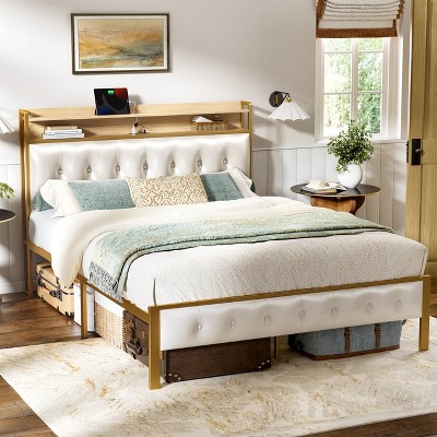 WOWLIVE Full/Queen/King Bed Frame with Storage Headboard, Metal Platform Bed Frame, Storage Bed with Charging Station and LED Light