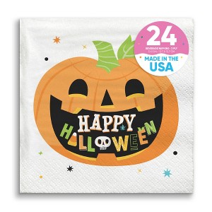 Big Dot of Happiness Jack-O'-Lantern Happy Halloween Party Napkins, Kids Halloween Party Decor, White 3-Ply Paper Beverage Napkins - 24 Count - 1 of 4