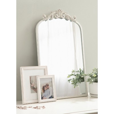 Antique White Baroque Arch Wall Mirror with Ornate Crown
