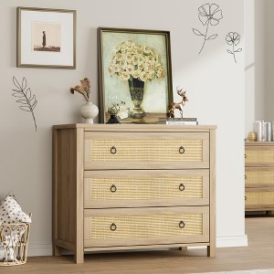 Jojoka Drawer Rattan Dresser with Brass Handles, Child-Safe Storage Cabinet and Robot Vacuum Friendly, Boho Modern Furniture, Oak - 1 of 4