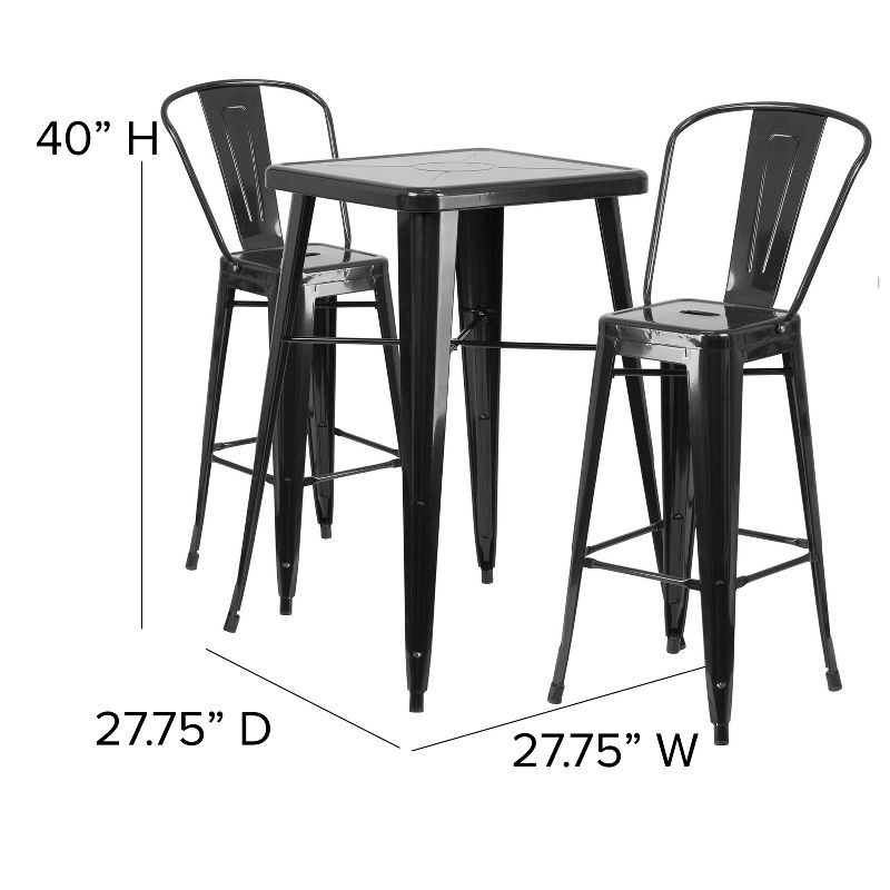 Flash Furniture Commercial Grade 23.75" Square Metal Indoor-Outdoor Bar Table Set with 2 Stools with Backs, 3 of 9