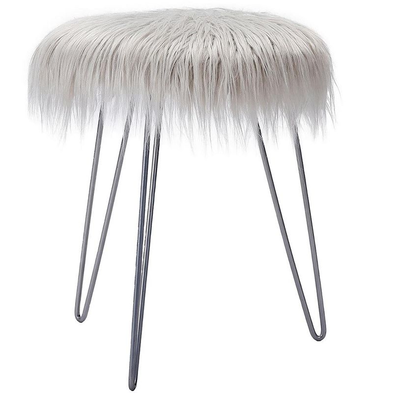 BirdRock Home Round Faux Fur Foot Stool Ottoman - Grey with Silver Legs, 2 of 5