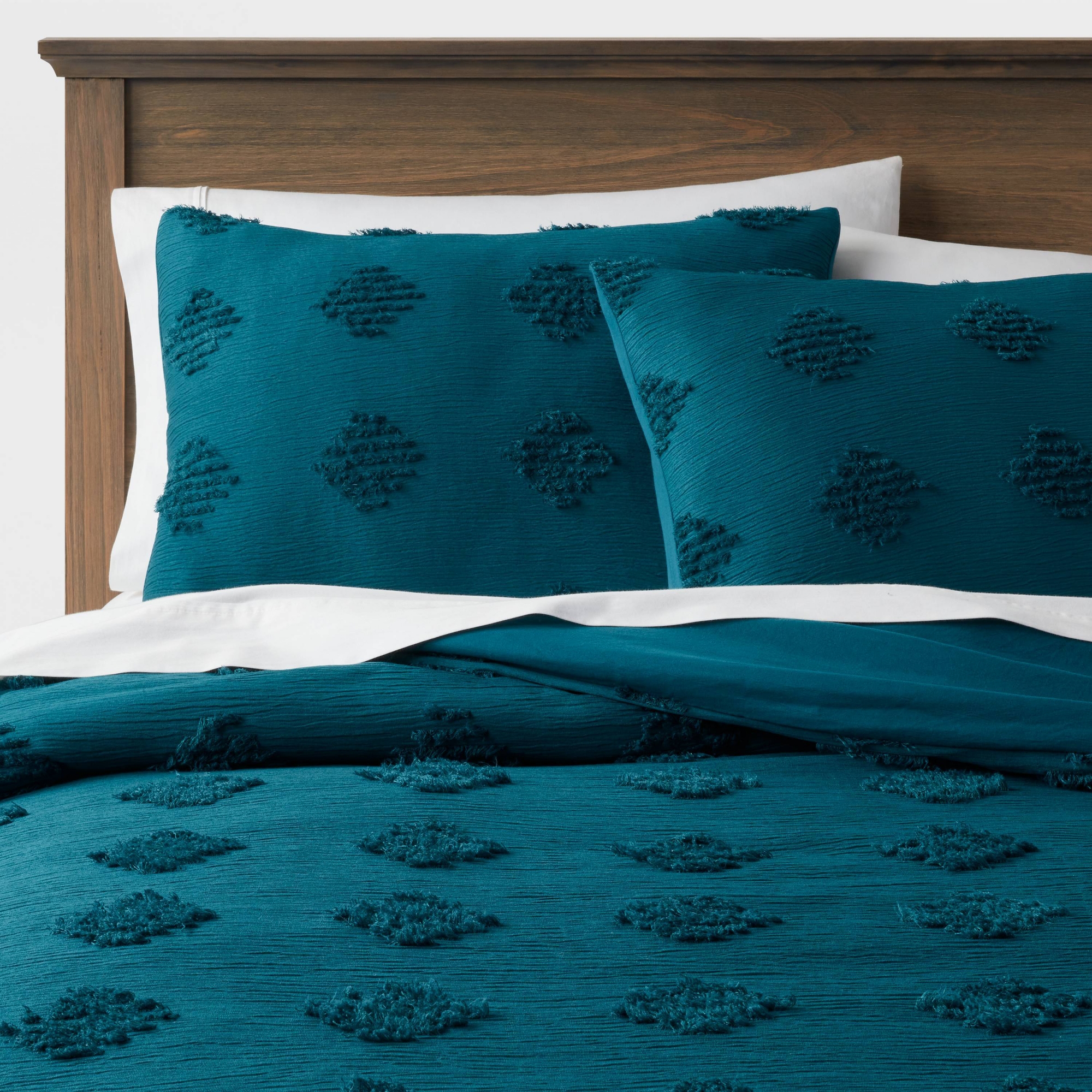 King Tufted Diamond Crinkle Duvet Cover and Sham Set Dark Teal Blue - Threshold™