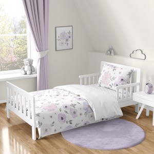 Sweet Jojo Designs Girl Toddler Bedding Set Watercolor Floral Purple Pink and Grey 5pc - 1 of 4