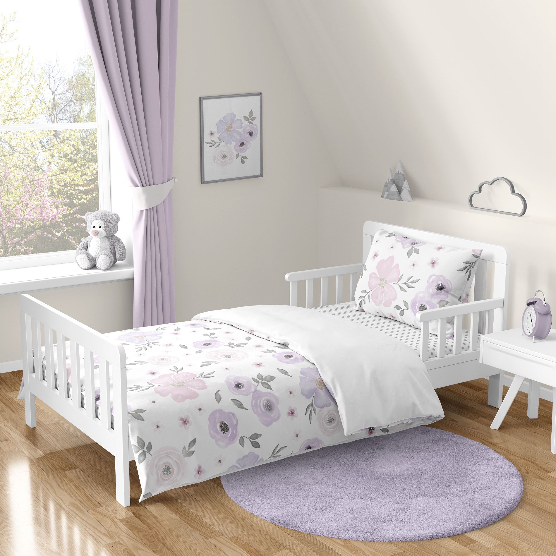 Sweet Jojo Designs Girl Toddler Bedding Set Watercolor Floral Purple Pink and Grey 5pc