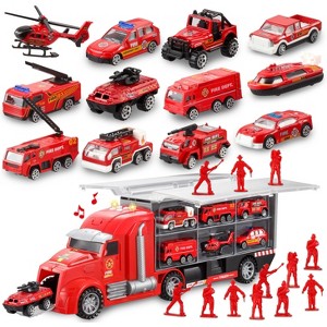Joyfy 25-in-1 Fire Truck Toy Set– Fire Engine Vehicles in Carrier Truck with Lights & Sounds, Mini Rescue Emergency Cars, Birthday Gift for Boys 3+ - 1 of 4