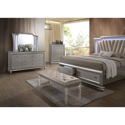 Queen Champagne Faux Leather Upholstered Storage Bed with LED Headboard