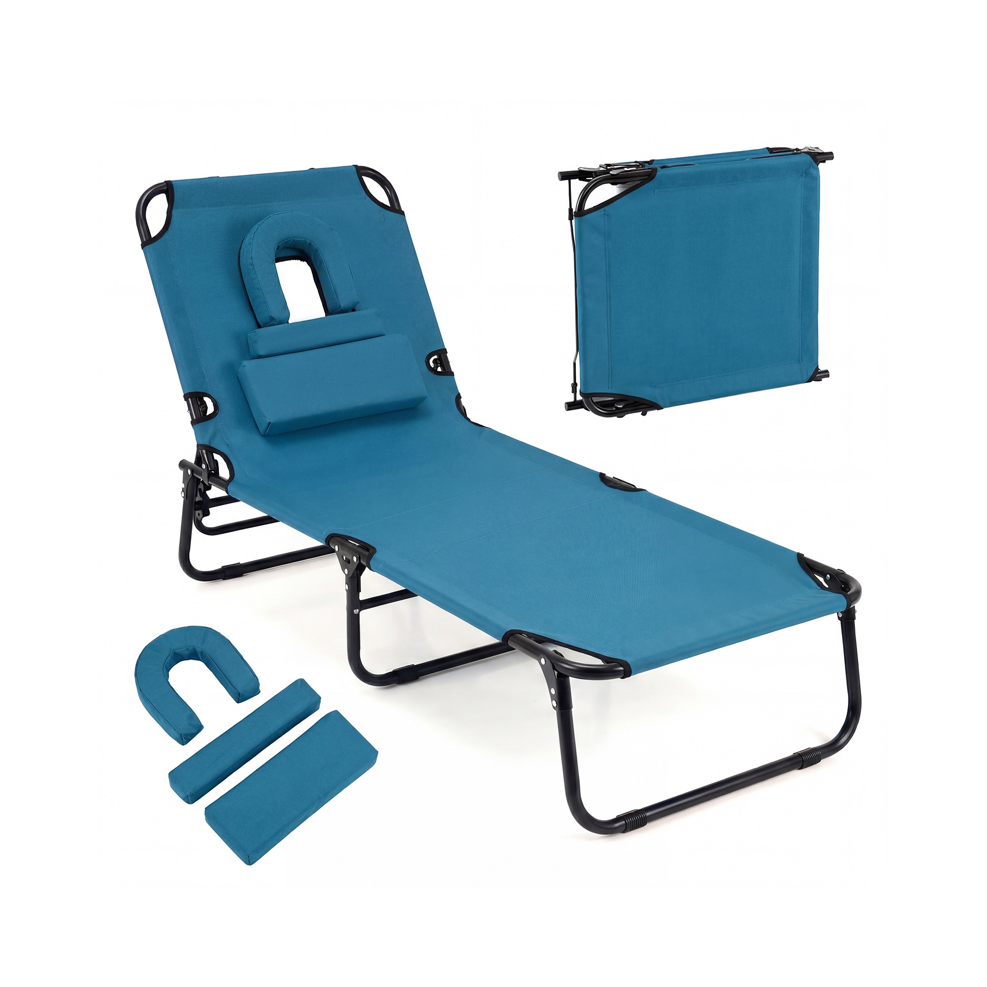 Costway Beach Chaise Lounge Chair with Face Hole Pillows & 4-Position Adjustable Backrest Blue
