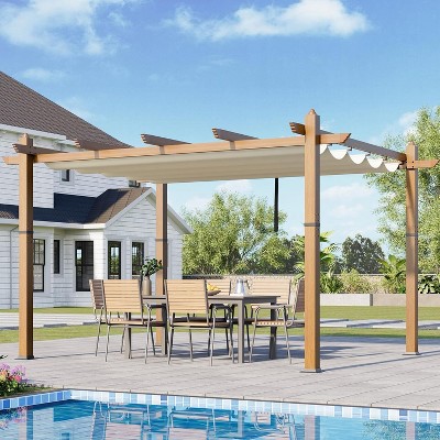 Garvee 10x10ft Outdoor Aluminum Pergola Retractable UPF 50+ Waterproof Canopy, Wood Grain Frame, Tool-Free Assembly