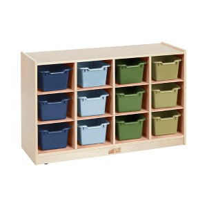 ECR4Kids 12 Cubby Mobile Tray Cabinet with 15 Scoop Front Storage Bins, 3x4, Natural - 1 of 4