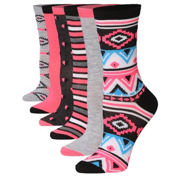 Women's 6-Pairs Contemporary Colorful Funky Stripes Dotted Patterned Crew Dress Socks