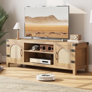 Rattan TV Stand for 65 Inch TV, Boho Entertainment Center with Adjustable Shelves & Storage Cabinet, Natural Wood & Woven Rattan Media Console - 1 of 1
