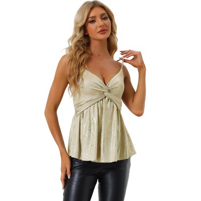 Allegra K Women's Sleeveless Deep V Neck Shimmer Metallic Peplum Party Cami  Top Gold X-small : Target