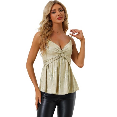 Allegra K Women's Sleeveless Deep V Neck Shimmer Metallic Peplum Party Cami  Top Gold X-Small