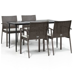 vidaXL 5 Piece Patio Dining Set with Cushions Poly Rattan and Steel - Brown 55.1" Table Length 4 Chairs - 1 of 4
