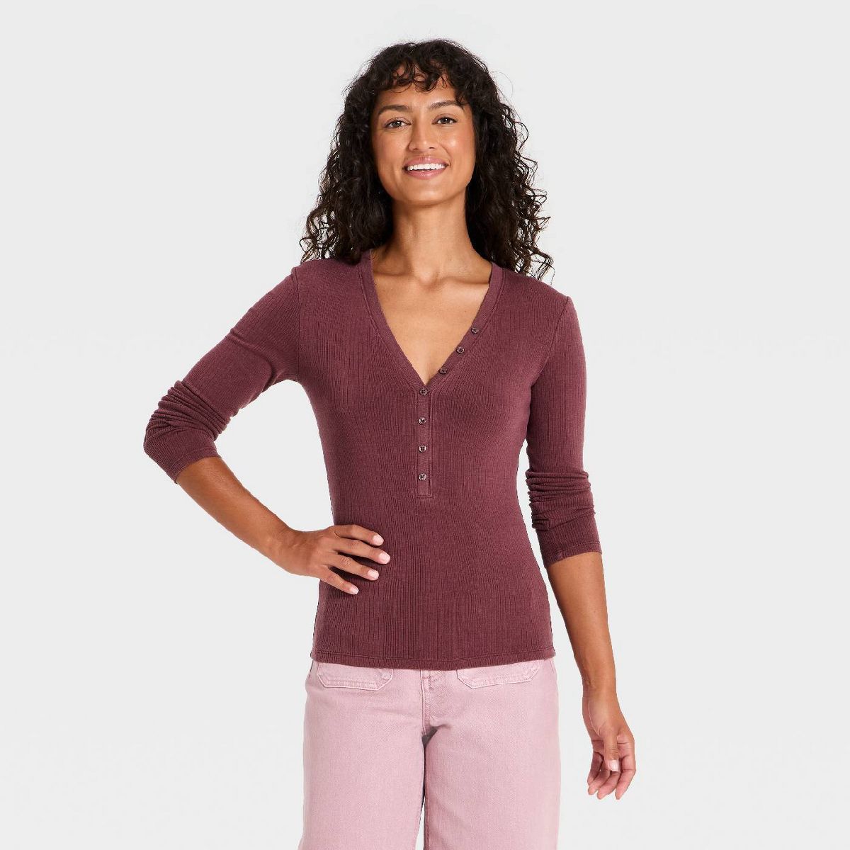 Women's Long Sleeve Heritage Deep V-Neck Henley Shirt - Universal Thread™