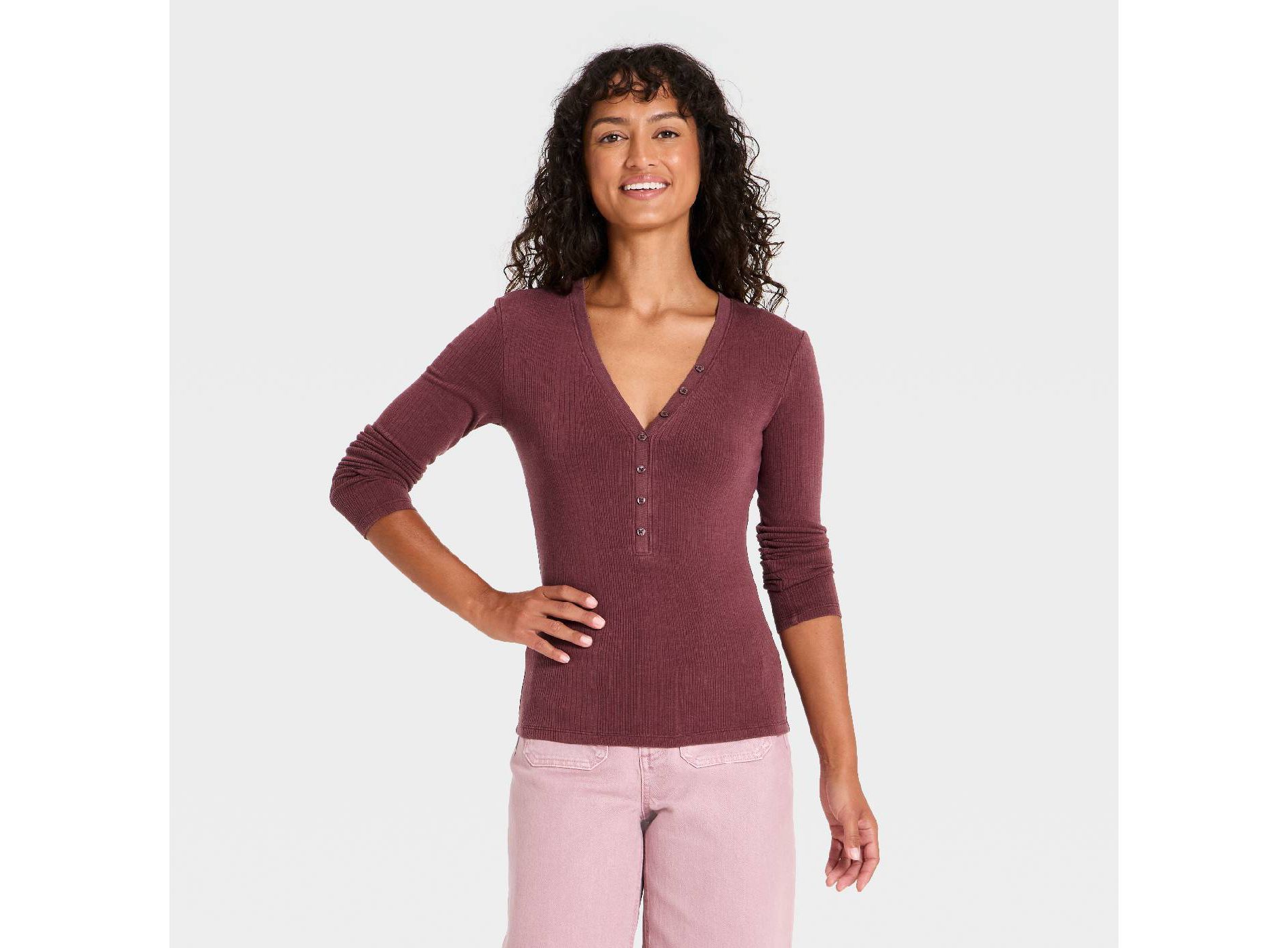 Women's Long Sleeve Heritage Deep V-Neck Henley Shirt - Universal Thread™