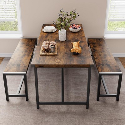 Dining Table Set for 4, Kitchen Table and Benches, 3 Piece Rectangular Dining Room Table Set with 2 Benches