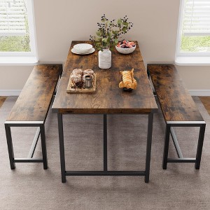 Dining Table Set for 4, Kitchen Table and Benches, 3 Piece Rectangular Dining Room Table Set with 2 Benches - 1 of 4