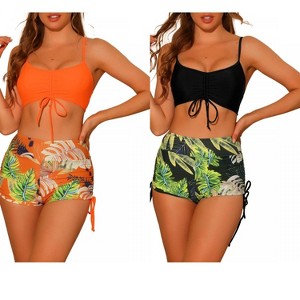 INSPIRE CHIC Women's Drawstring Push-Up Top Tropical Print High Waist Shorts Swimwear Bathing Suits 2 Sets - 1 of 4