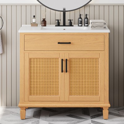 Christopher Knight Home Behram Modern 36" Rattan and Wood Bathroom Vanity with Ceramic Sink and 3 Drawers