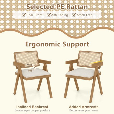 Set of 2 White Rattan and Cane Side Chairs with Rubber Wood Frame