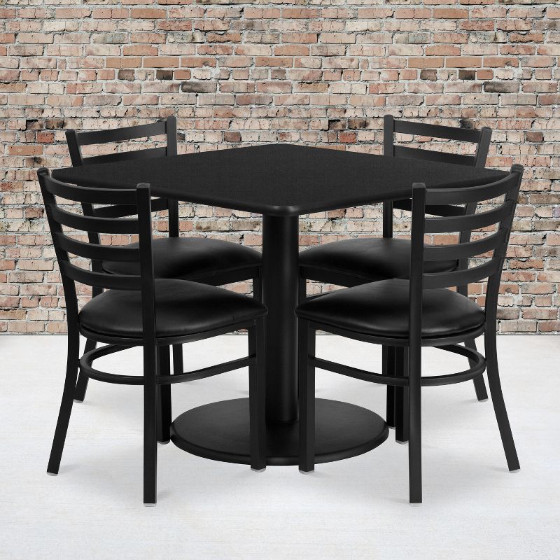 Flash Furniture 36'' Square Black Laminate Table Set with Round Base and 4 Ladder Back Metal Chairs - Black Vinyl Seat, 2 of 3