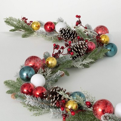 72"L Sullivans Artificial Shiny Ball Frosted Christmas Garland, Multicolor, Indoor Christmas Decor