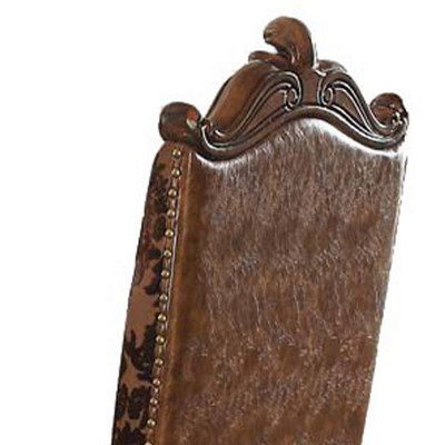 Brown Faux Leather Floral Wood Dining Side Chairs Set of 2