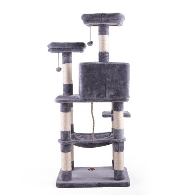 FURNIinspire Multi-Level Cat Condo with Hammock & Scratching Posts for Kittens Tall Cat Climbing Stand with Plush Toys, Gray, 24"*20"*57.5"